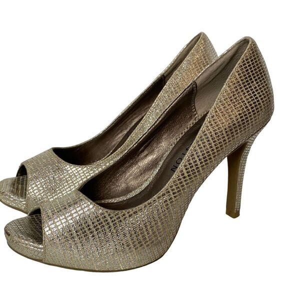 Kaye Preston Gold Peep Toe Heels Size 7 A811 - Picture 1 of 6